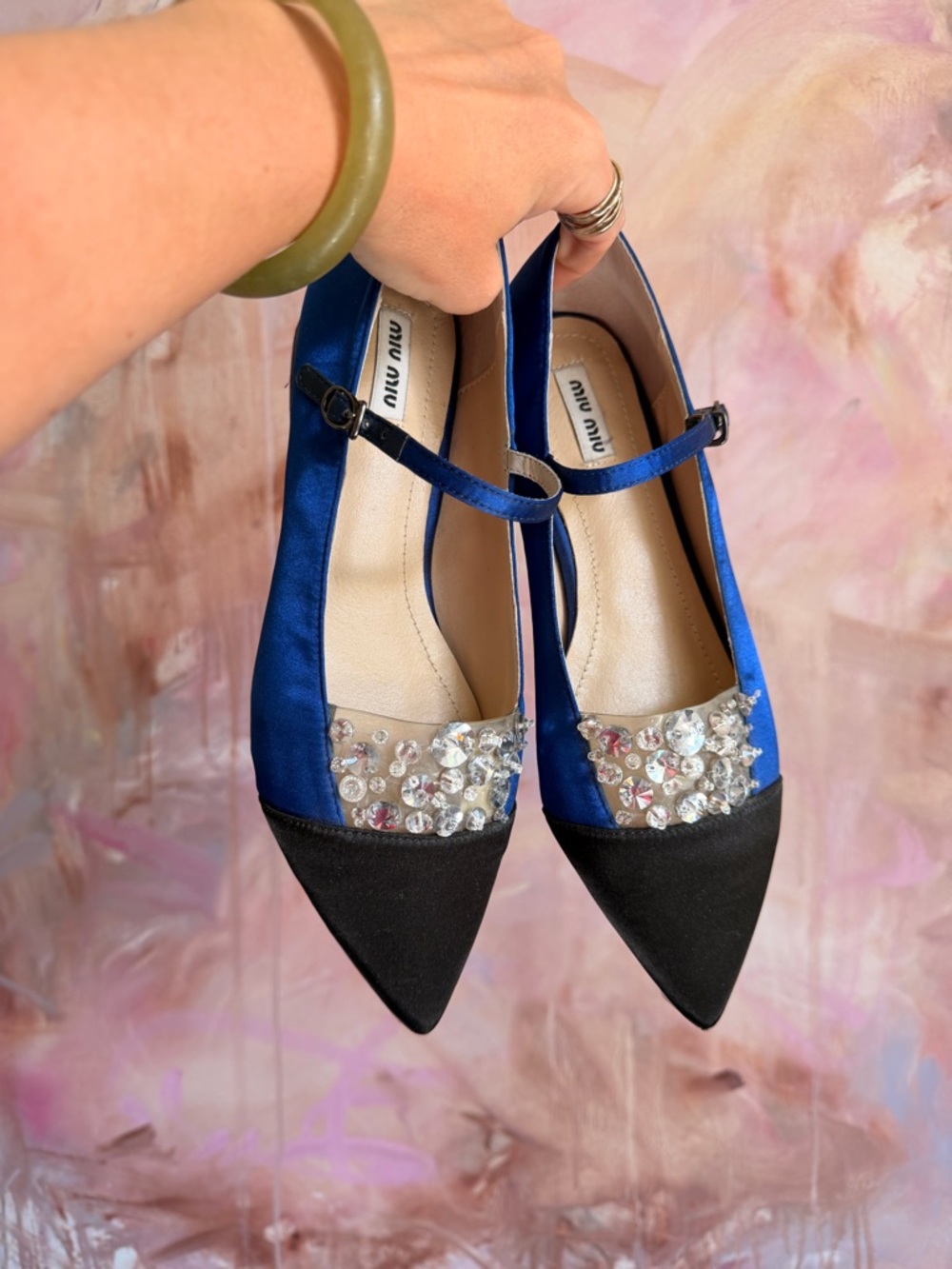 Miu Miu Cobalt Blue Satin Mary Janes with Black Pointed Toe and Crystal Accents